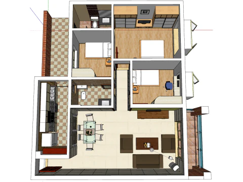 Three-bedroom overall apartment design plan 3D Model