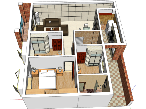 Three-bedroom overall apartment design plan 3D Model