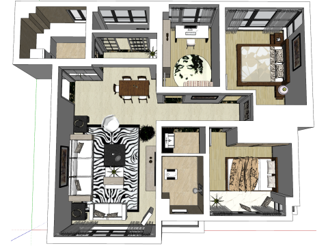 침실 3개와 거실 1개를 갖춘 새로운 홈 가구 솔루션 3D 모델