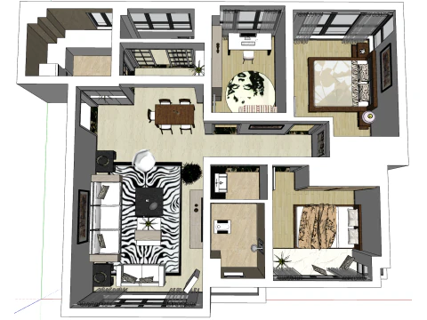 Three-bedroom and One-living-room New Home Furniture Solution 3D Model