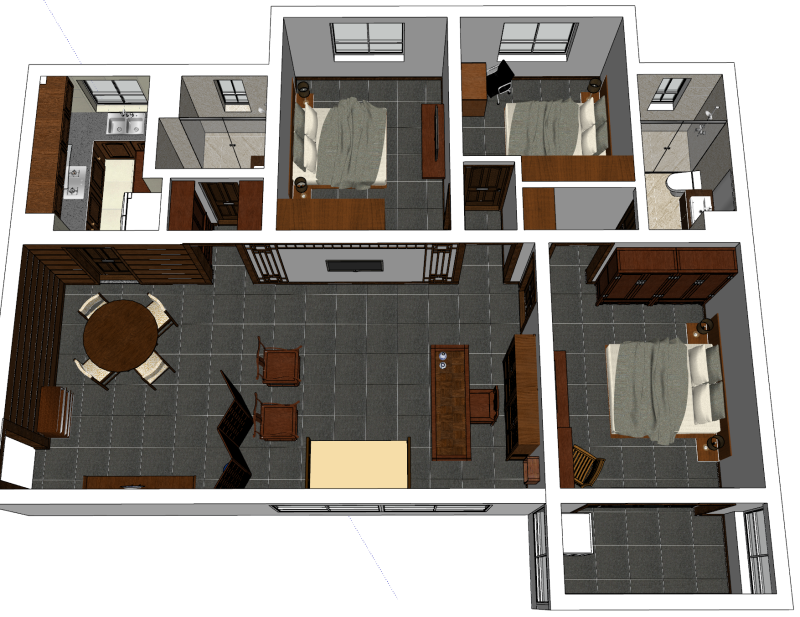 Plano de diseño interior de tres habitaciones para toda la casa. Modelo 3D .c4d .max .obj .3ds .fbx .stl .blend