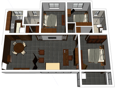 Plano de design de interiores de três quartos para toda a casa Modelo 3D