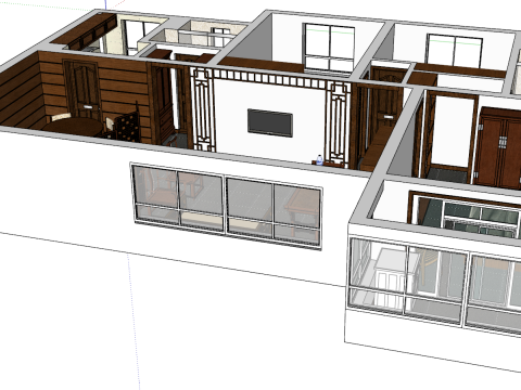 Plano de diseño interior de tres habitaciones para toda la casa. Modelo 3D
