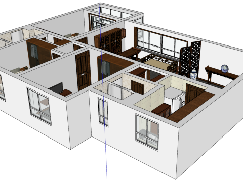 Plano de diseño interior de tres habitaciones para toda la casa. Modelo 3D
