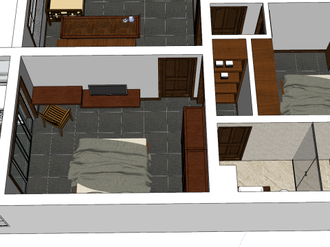 Plano de diseño interior de tres habitaciones para toda la casa. Modelo 3D