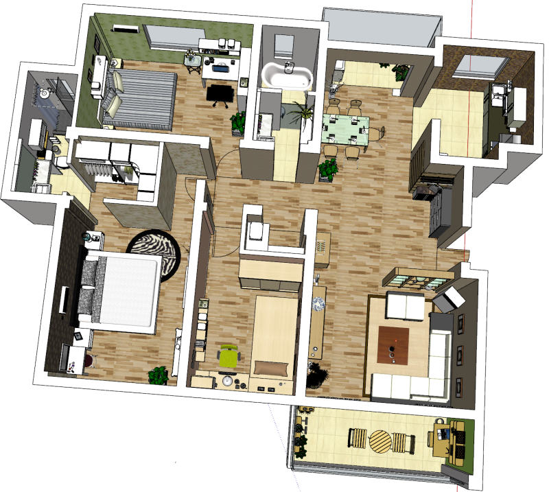 Three-bedroom layout home design plan 3D Model .c4d .max .obj .3ds .fbx .stl .blend 