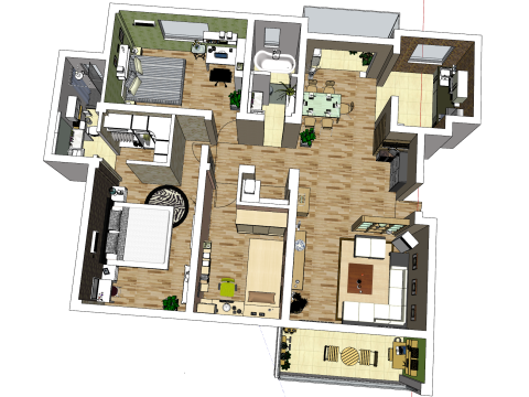 Huisontwerpplan met drie slaapkamers 3D Model