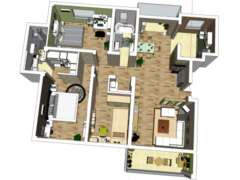 Piano di progettazione della casa con tre camere da letto Modello 3D