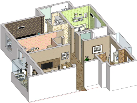 Three-bedroom layout home design plan 3D Model