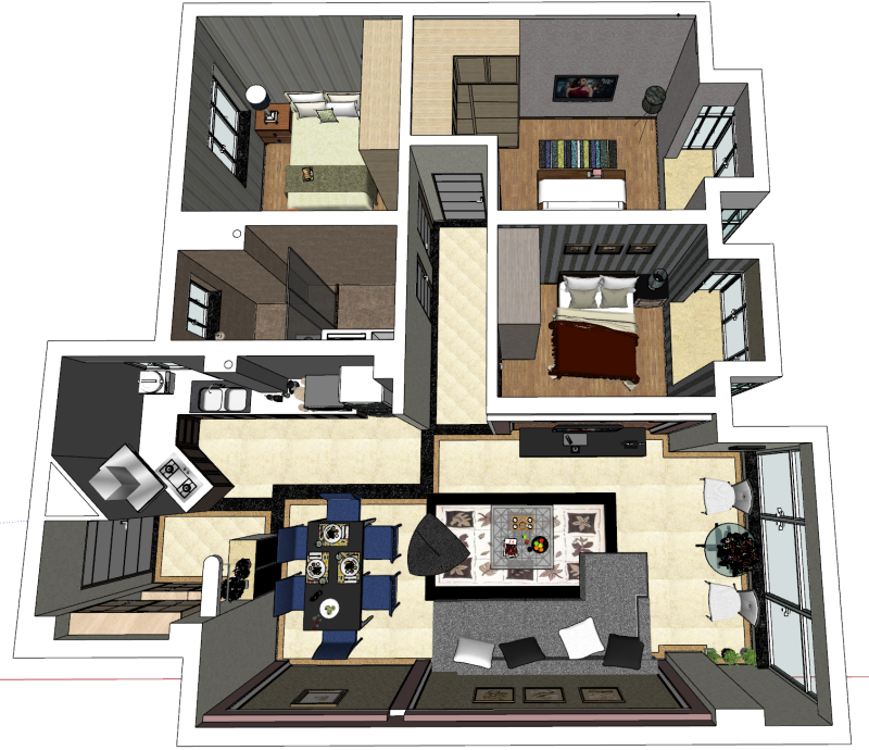 Geïntegreerde residentiële ontwerpomgeving met drie slaapkamers 3D Model .c4d .max .obj .3ds .fbx .stl .blend 