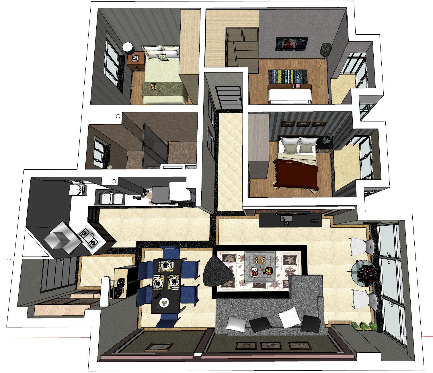 Three-bedroom integrated residential design environment 3D Model .c4d .max .obj .3ds .fbx .stl .blend