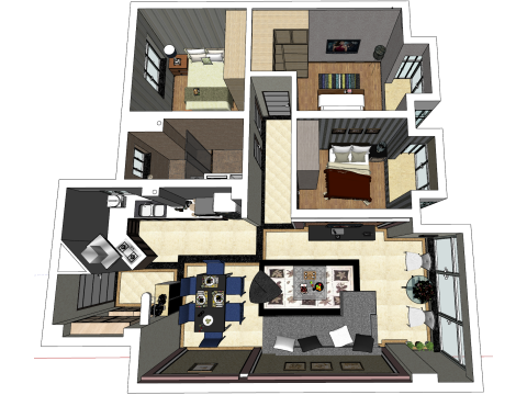 Geïntegreerde residentiële ontwerpomgeving met drie slaapkamers 3D Model