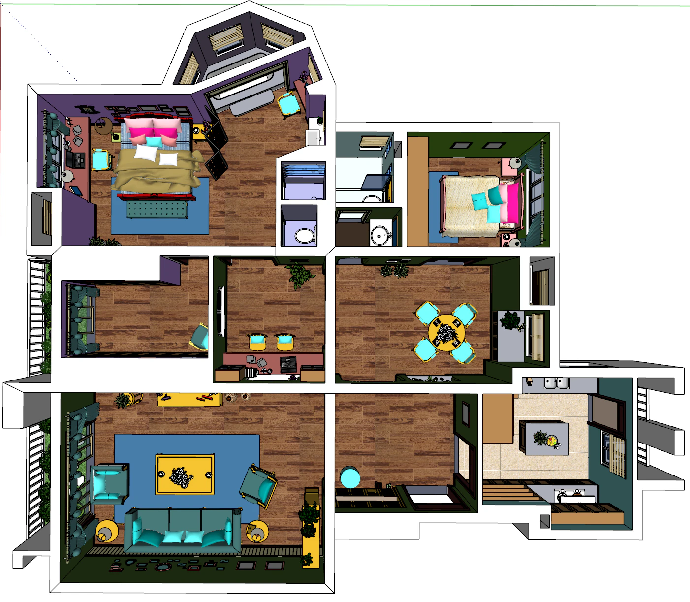 Three-bedroom interior decoration scene 3D Model .c4d .max .obj .3ds .fbx .stl .blend 