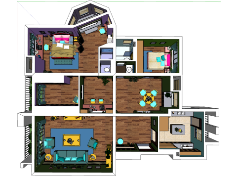 Three-bedroom interior decoration scene 3D Model