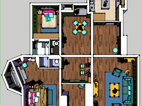 Three-bedroom interior decoration scene 3D Model