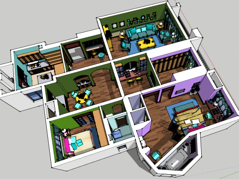 Three-bedroom interior decoration scene 3D Model