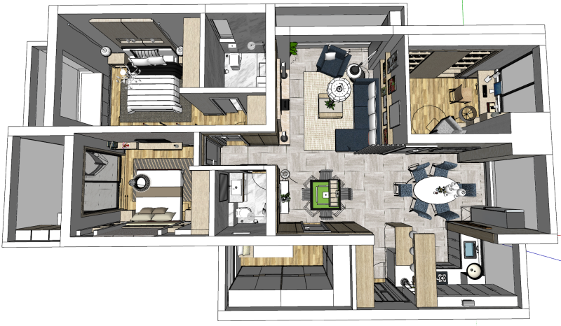 Innenarchitekturlösung für ein Haus mit drei Schlafzimmern 3D Modell .c4d .max .obj .3ds .fbx .stl .blend 