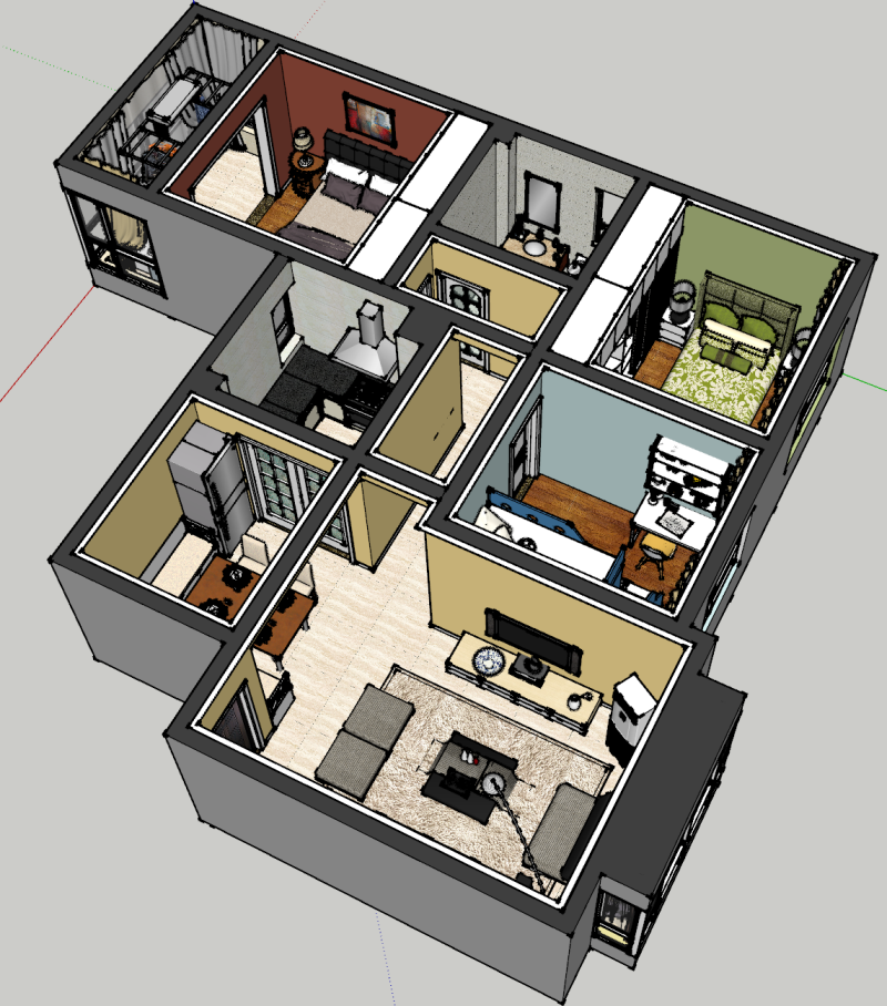 Escena de decoración interior de una casa de tres dormitorios. Modelo 3D .c4d .max .obj .3ds .fbx .stl .blend 