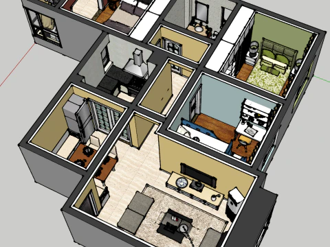 Three-bedroom home interior decoration scene 3D Model