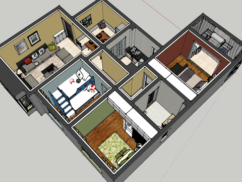 Escena de decoración interior de una casa de tres dormitorios. Modelo 3D