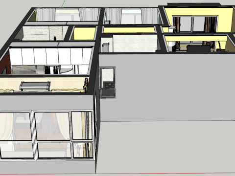 Escena de decoración interior de una casa de tres dormitorios. Modelo 3D