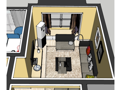 Escena de decoración interior de una casa de tres dormitorios. Modelo 3D