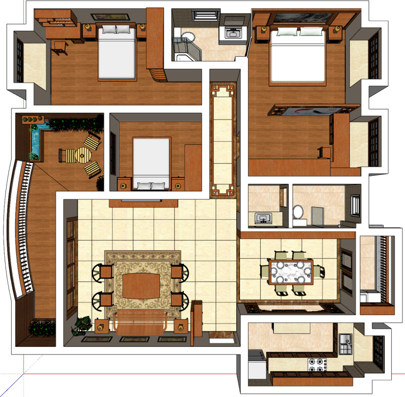 तीन-बेडरूम वाले घर का इंटीरियर डिज़ाइन वातावरण 3D मॉडल .c4d .max .obj .3ds .fbx .stl .blend