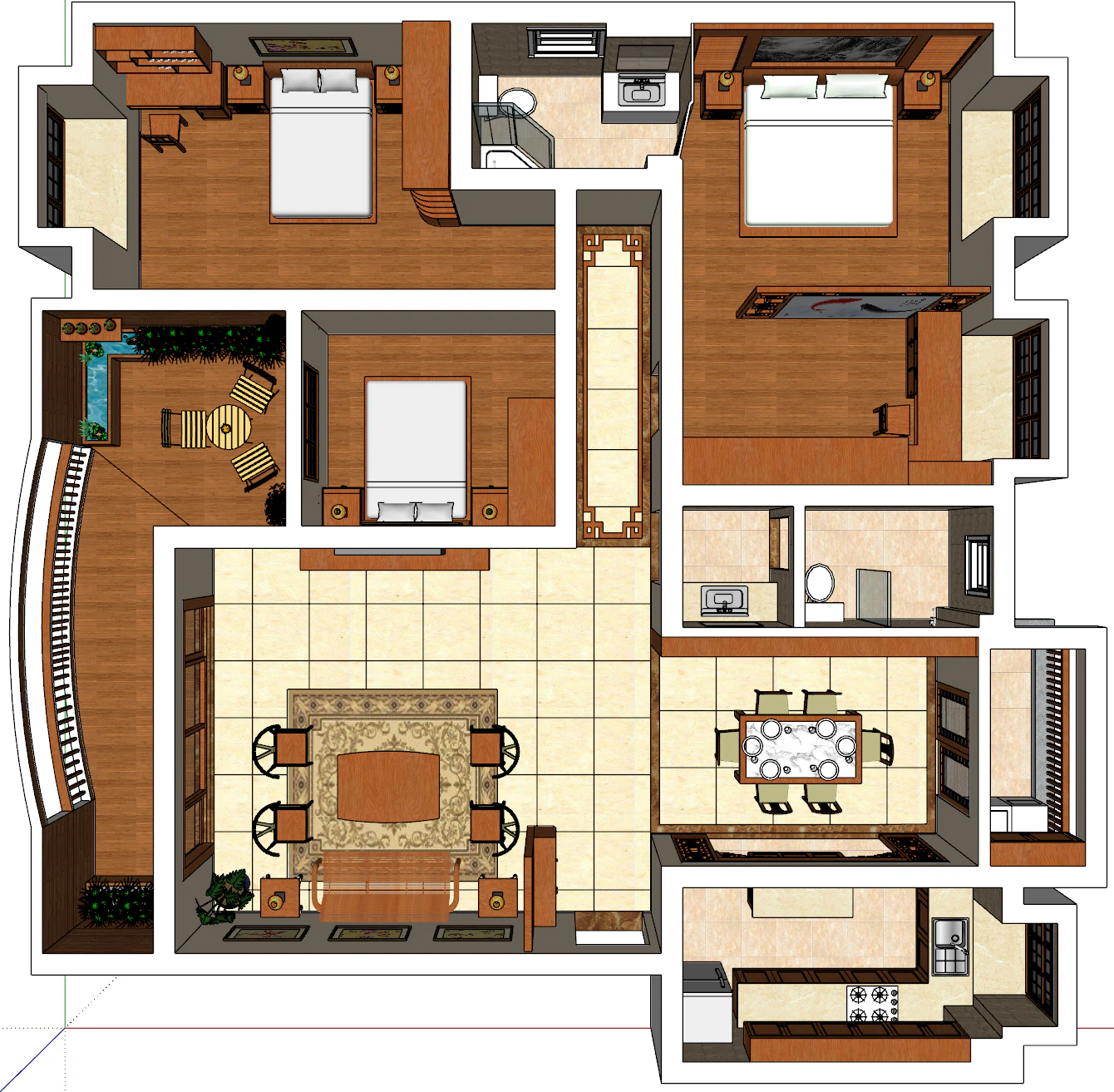 Three-bedroom home interior design environment 3D Model .c4d .max .obj .3ds .fbx .stl .blend 