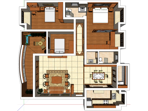 3 ベッドルームのホーム インテリア デザイン環境 3Dモデル
