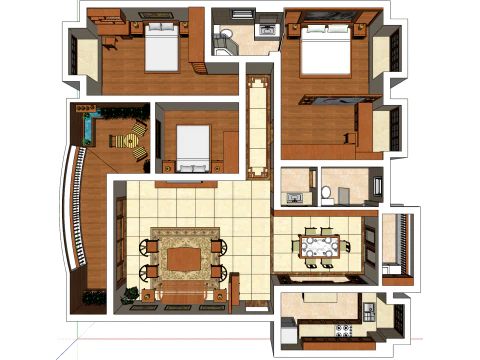Дизайн інтер'єру будинку з трьома спальнями 3D Модель