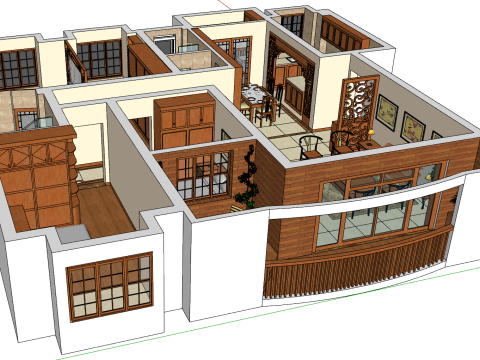 तीन-बेडरूम वाले घर का इंटीरियर डिज़ाइन वातावरण 3D मॉडल