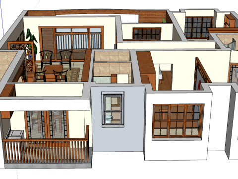 तीन-बेडरूम वाले घर का इंटीरियर डिज़ाइन वातावरण 3D मॉडल