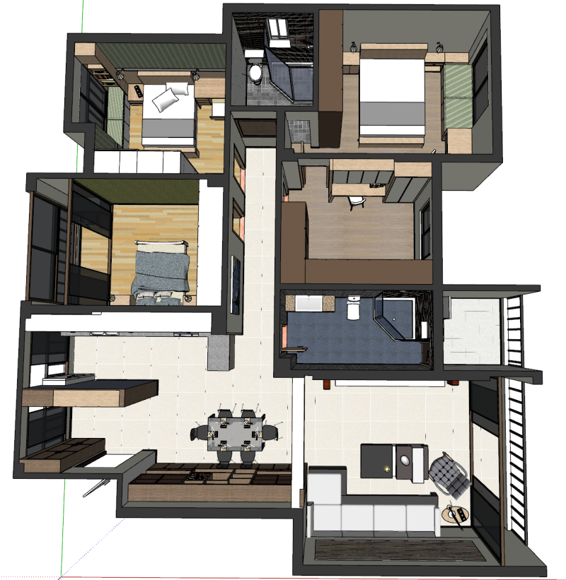 Сцена в помещении с тремя спальнями 3D Модель .c4d .max .obj .3ds .fbx .stl .blend