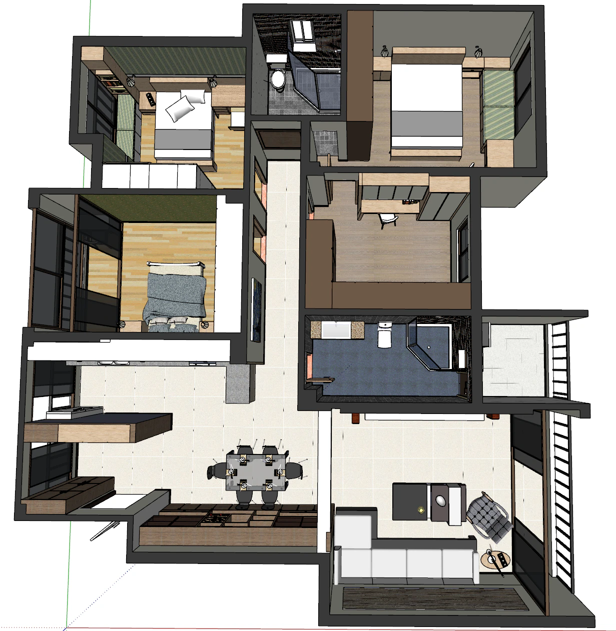 Three-bedroom indoor display scene 3D Model .c4d .max .obj .3ds .fbx .stl .blend