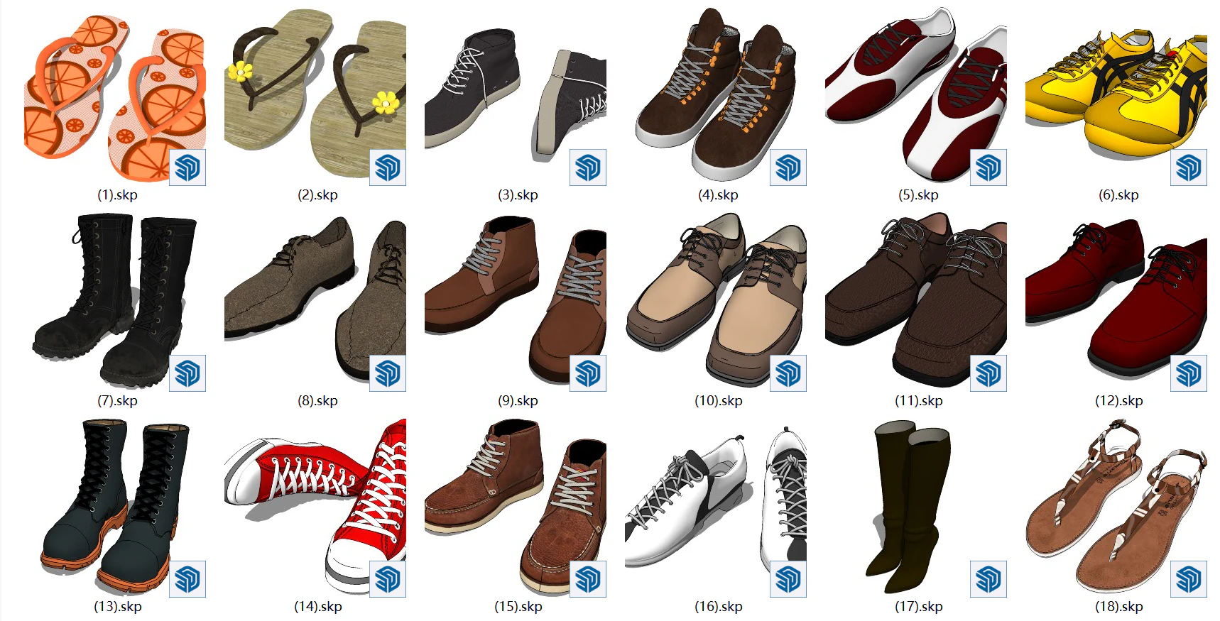 Shoe Display SketchUp Model Collection - Sneakers Casual Shoes Sandals Boots Slippers 3D Model .c4d .max .obj .3ds .fbx .stl .blend 