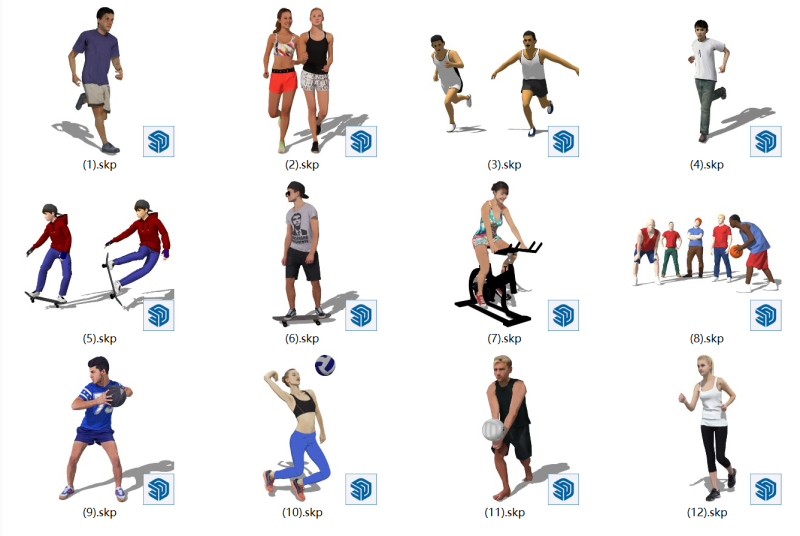 Spor SketchUp modelleri Basketbol oynayan buz pateni Fitness Bisiklete binen Voleybol Ragbi yapan modeller 3D Model .c4d .max .obj .3ds .fbx .stl .blend