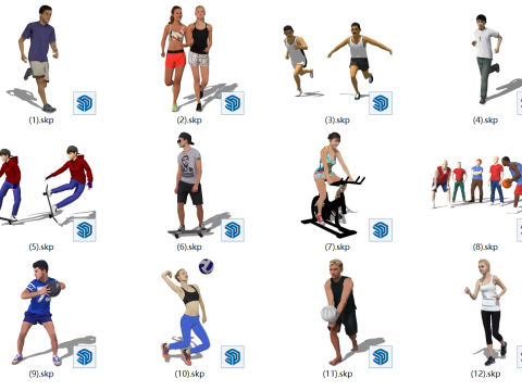 Sport SketchUp-modellen spelen basketbal, schaatsen, fitness, fietsen, hardlopen, volleybal, rugby 3D Model