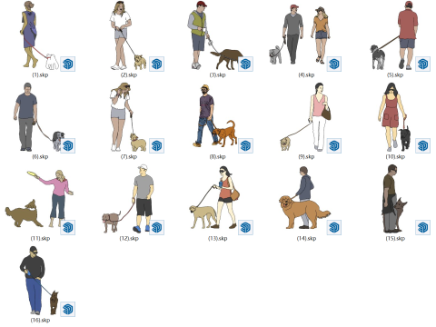 Model 2D postaci SU spacerujących psów i zwierząt domowych Model 3D