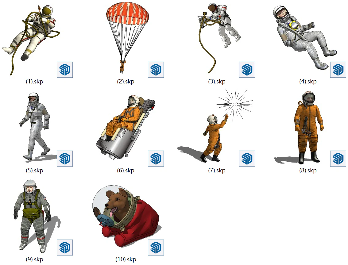 SketchUp Astronaut Posture Library Multiple Shapes Direct Access Quick Set Design 3D Model .c4d .max .obj .3ds .fbx .stl .blend 