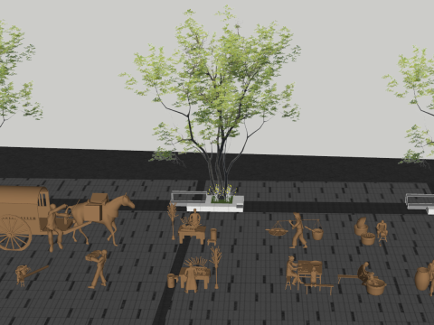 Mercados de rua da Dinastia Qing, cenas dinâmicas de vendedores e pedestres Modelo 3D