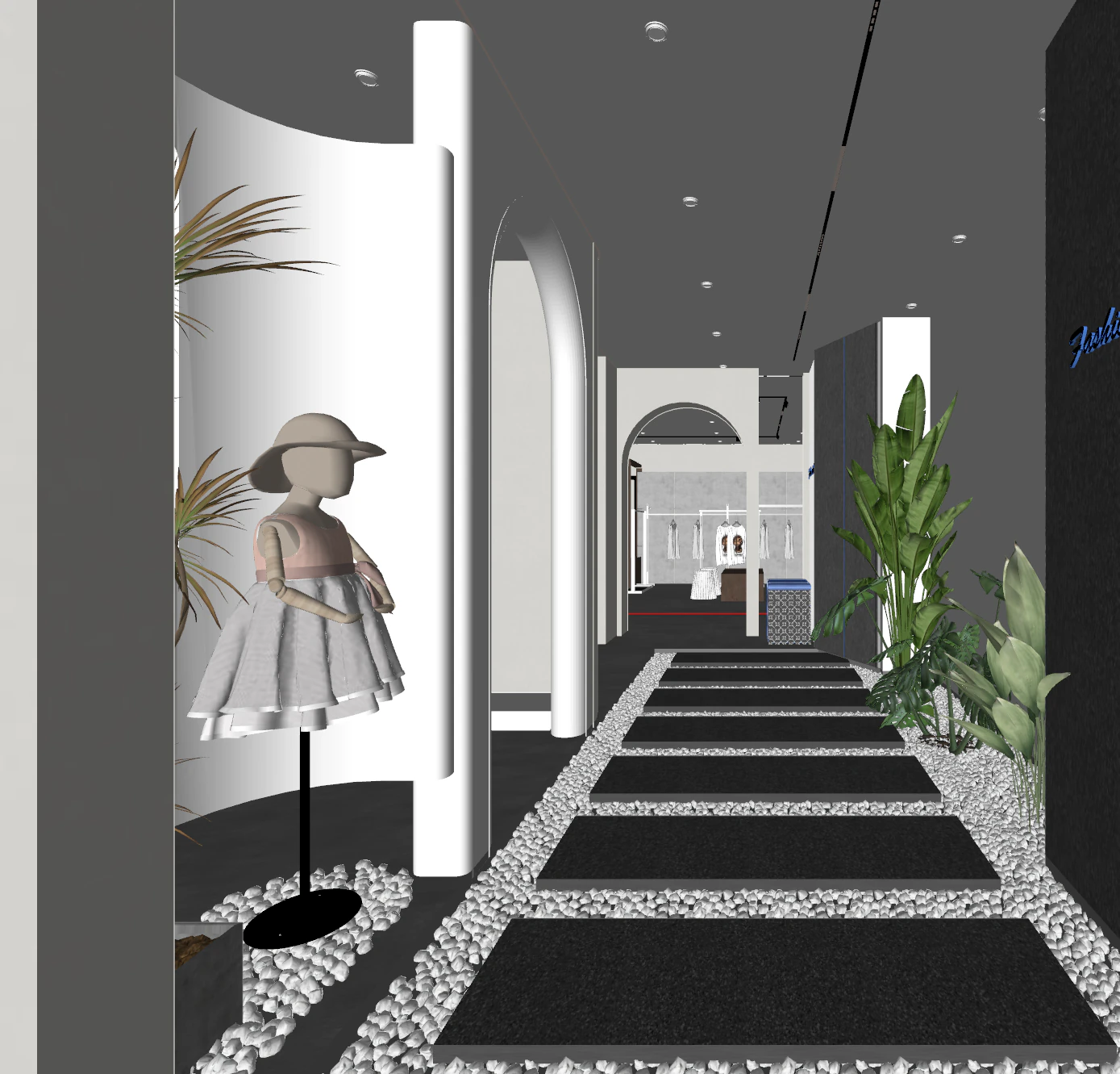 Modern clothing store aisle exhibition hall aisle office aisle cobblestones green plants for la 3D Model .c4d .max .obj .3ds .fbx .stl .blend 