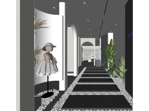 现代服装店过道展厅过道办公室过道鹅卵石绿色植物适合洛杉矶 3D 模型