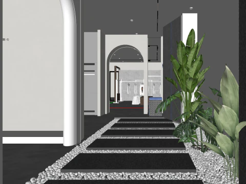 Modern clothing store aisle exhibition hall aisle office aisle cobblestones green plants for la 3D Model