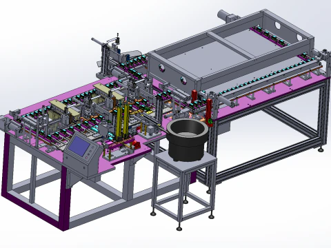 L&iacute;nea de producci&oacute;n de ensamblaje autom&aacute;tico para altavoces de audio. Modelo 3D
