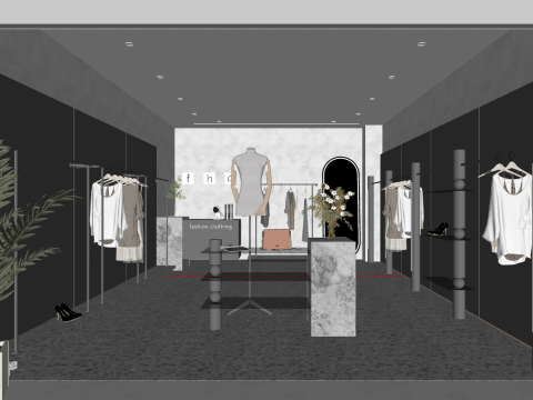 Abbigliamento e pelletteria sotto un'architettura minimalista Modello 3D