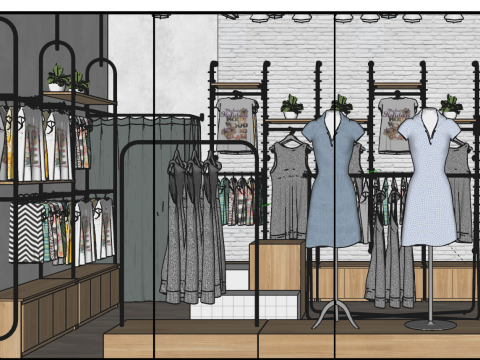 Modern simple clothing store full case SU model 3D Model