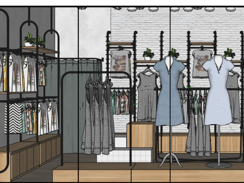 Modern simple clothing store full case SU model 3D Model