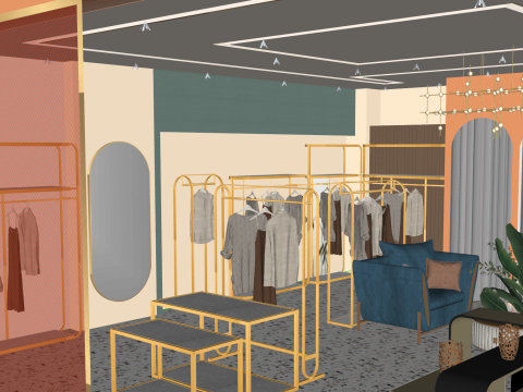 Plan de diseño SU para una tienda de ropa femenina de lujo y luz urbana Modelo 3D