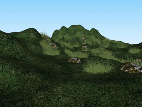 A hillside covered in green grass and some stones 3D Model