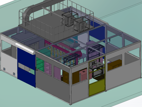 Design einer Produktionslinie für die Beschichtung von Kopfstützen im Automobilbereich 3D Modell
